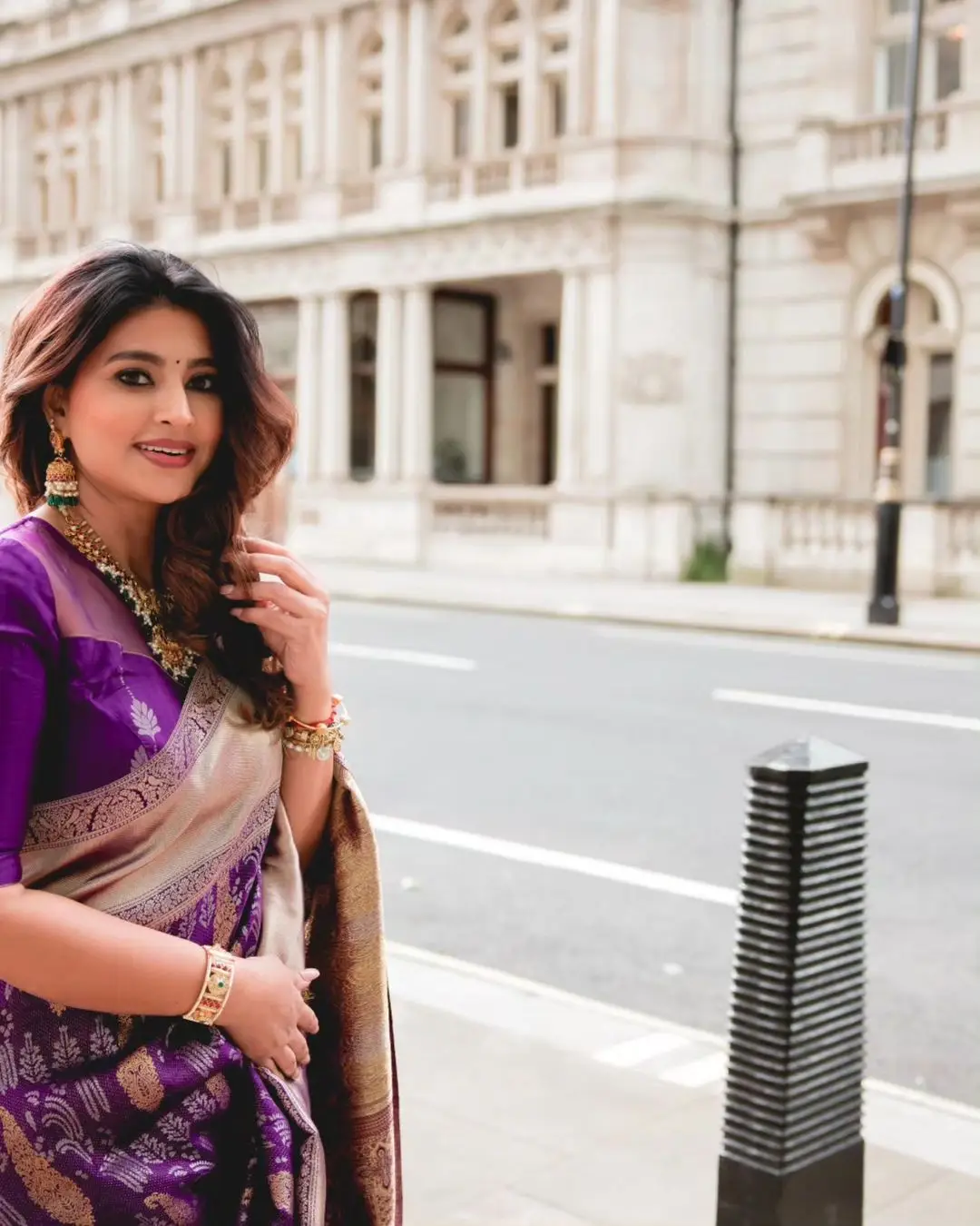 Sneha Wearing Beautiful Earrings Jewellery Blue Saree Blouse